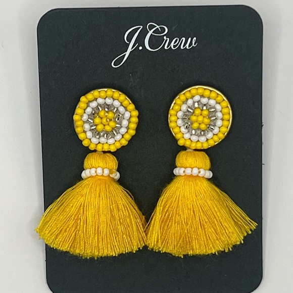 NWT! J. Crew Yellow Beaded Tassel Stud Earrings and Dust Bag - Picture 3 of 10